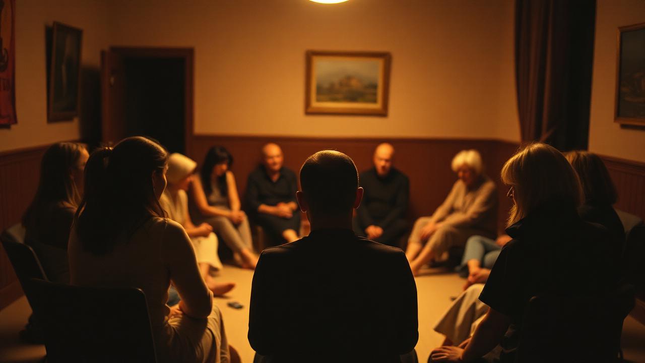 A small group of people sitting together in a warmly lit room, seen from a respectful distance.
