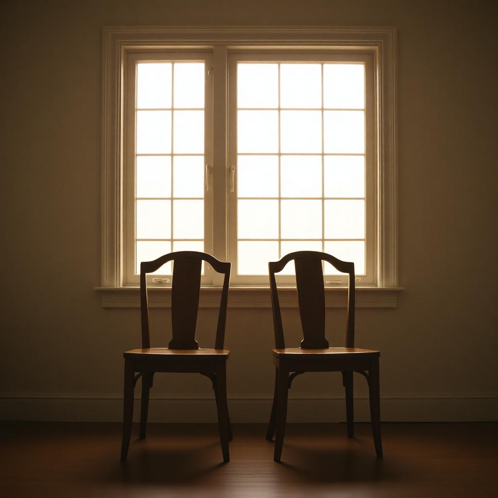 Two empty wooden chairs facing each other by a soft window in a quiet room.