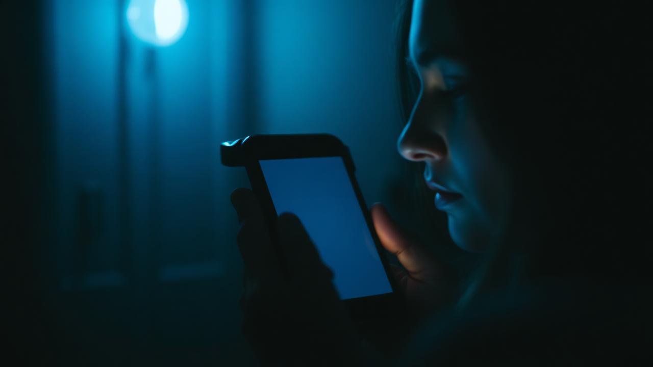 A person holding a phone in a dim room at night, the screen's glow lighting their face.