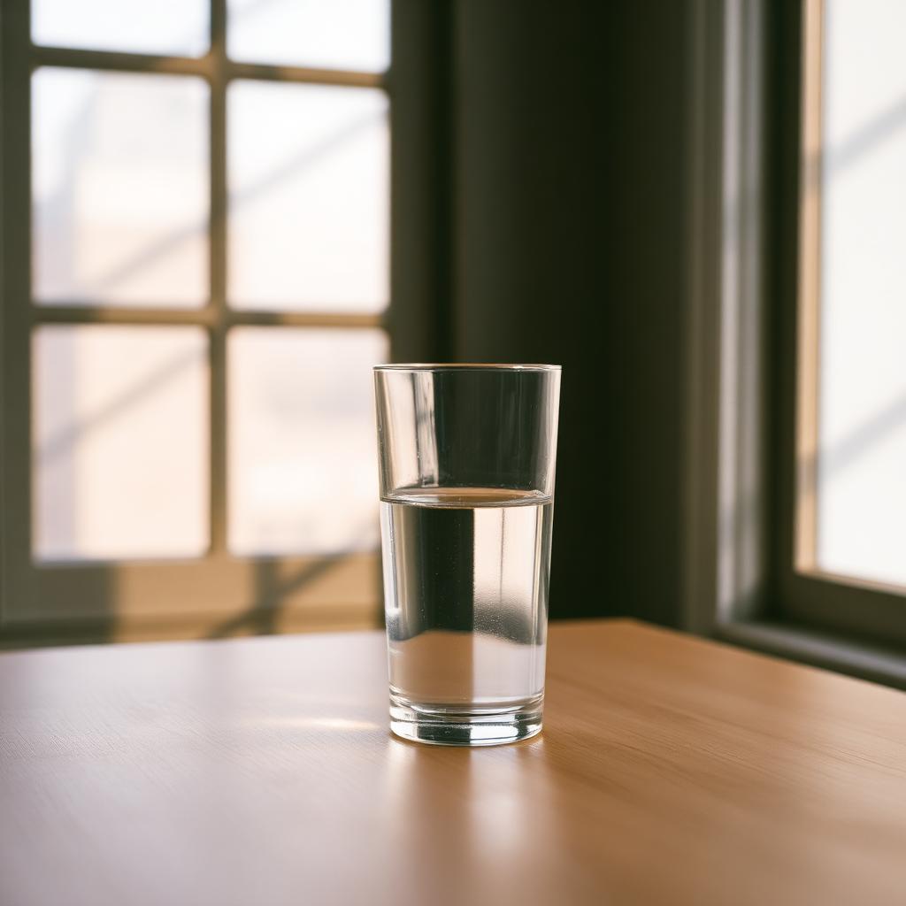 A clear glass of water on a plain wooden table in soft morning window light.
