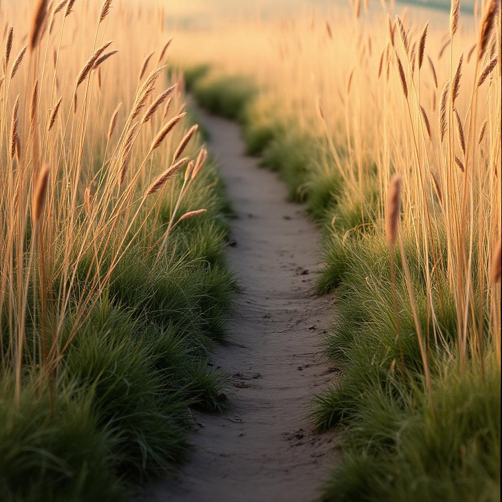 A worn dirt footpath winding through tall soft grass in warm afternoon light.