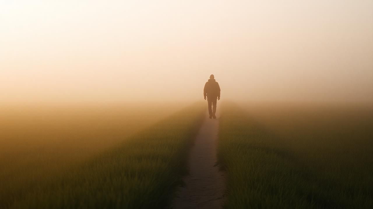 A solitary silhouetted figure walking on a misty path through soft fields at dawn.