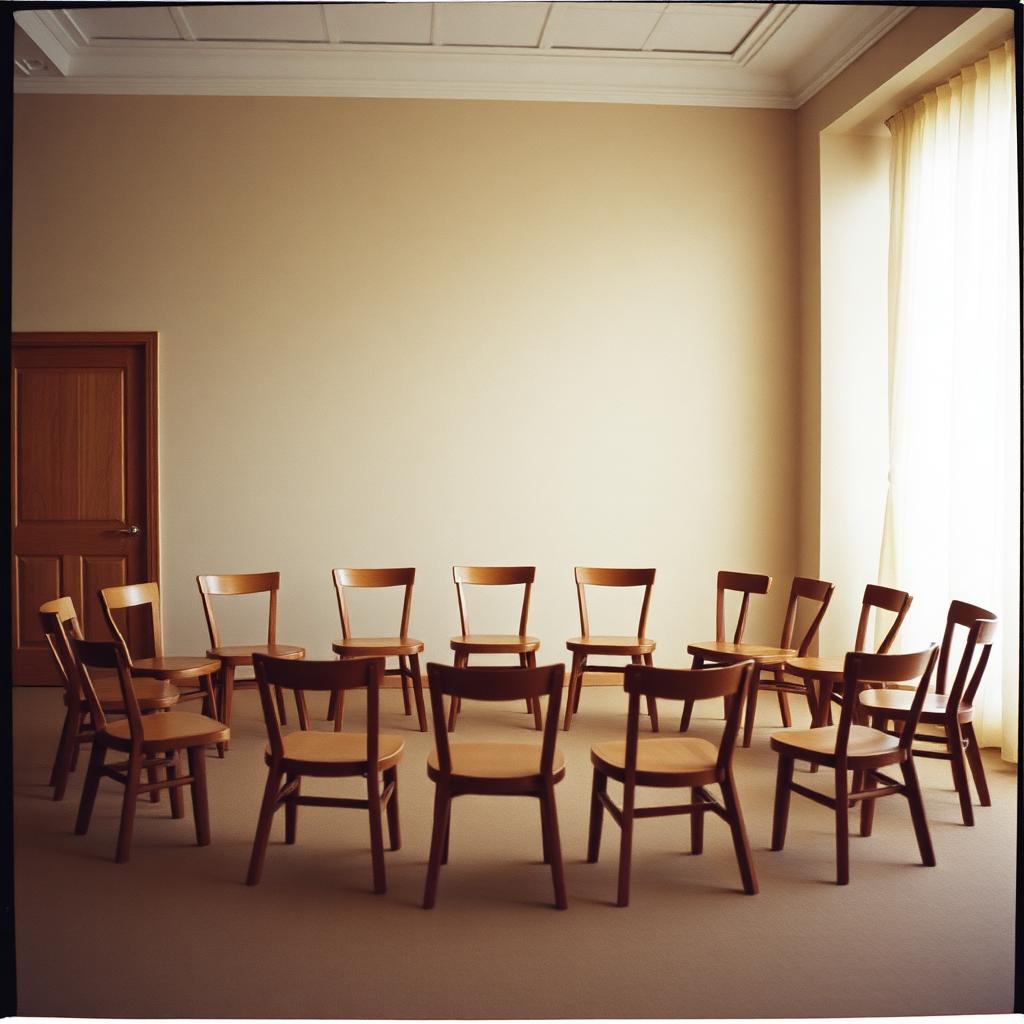 A circle of simple wooden chairs in a warmly lit quiet room.