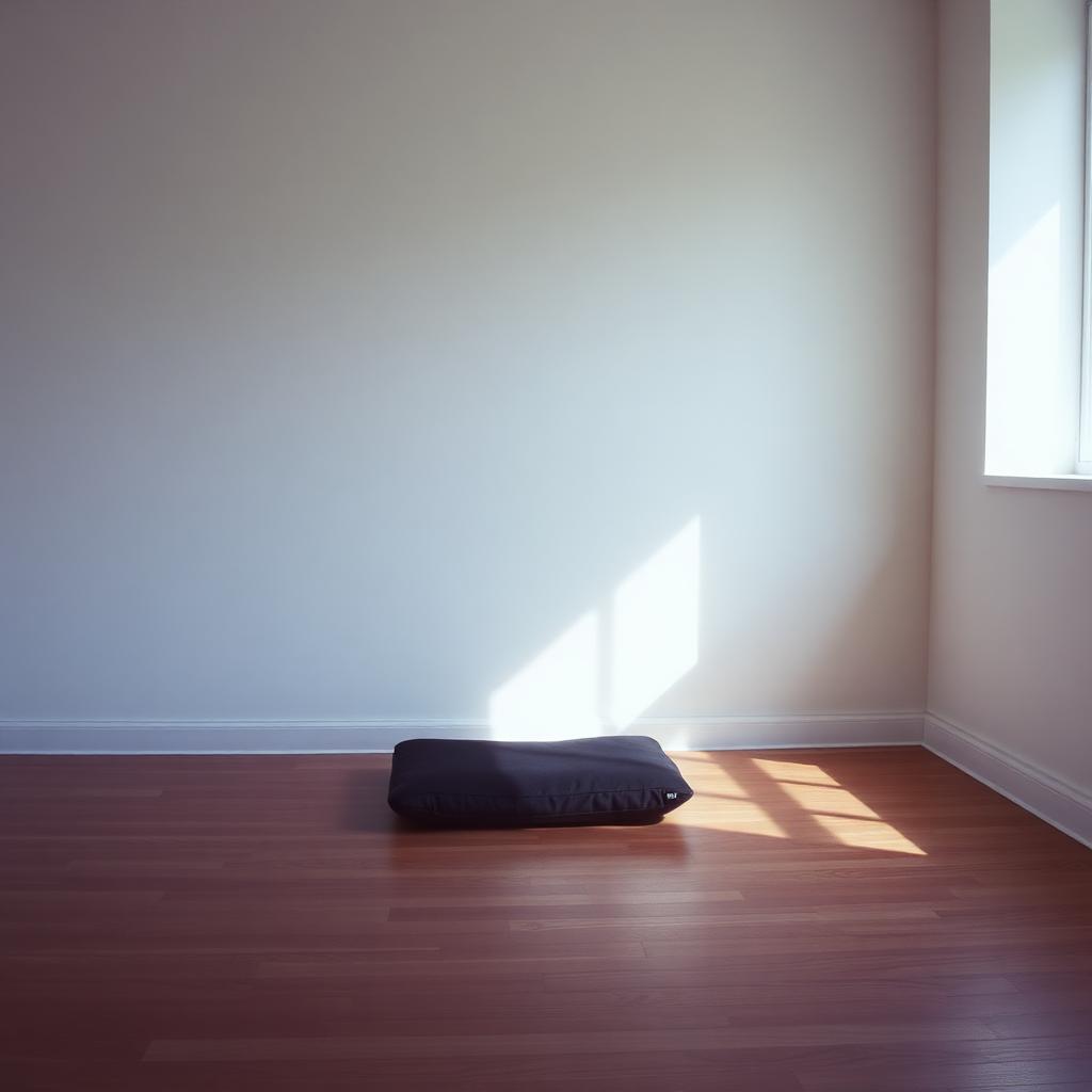 A single meditation cushion on a wooden floor in a spare, sunlit room.