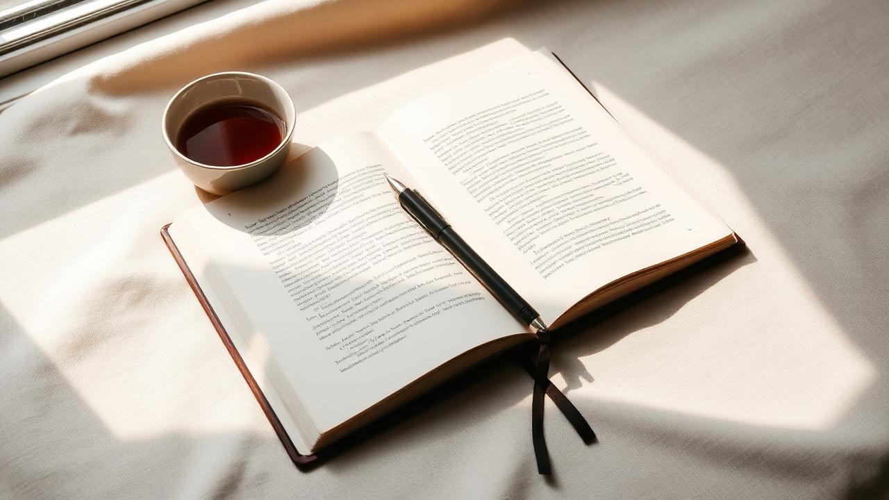 An open journal with a pen resting on it, beside a cup of tea in soft window light.
